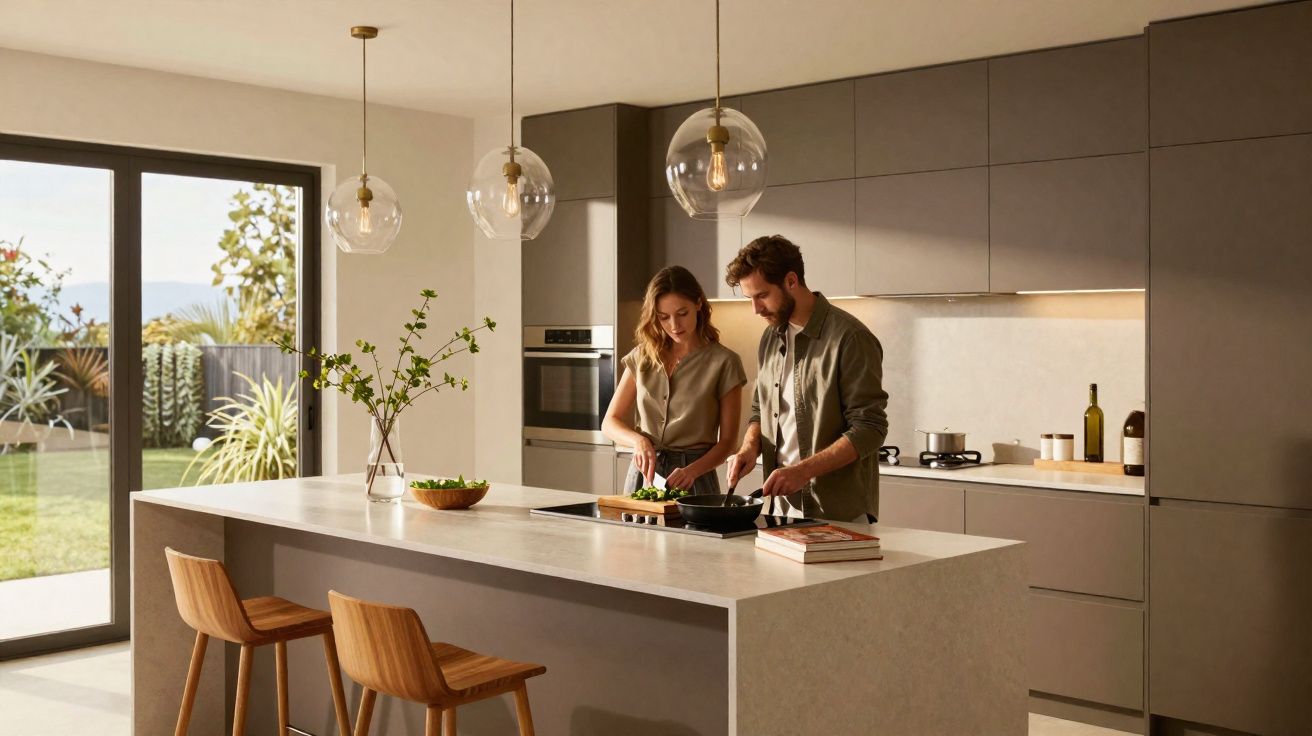 Couple preparing food together in a modern kitchen with large island and natural light from garden doors.
