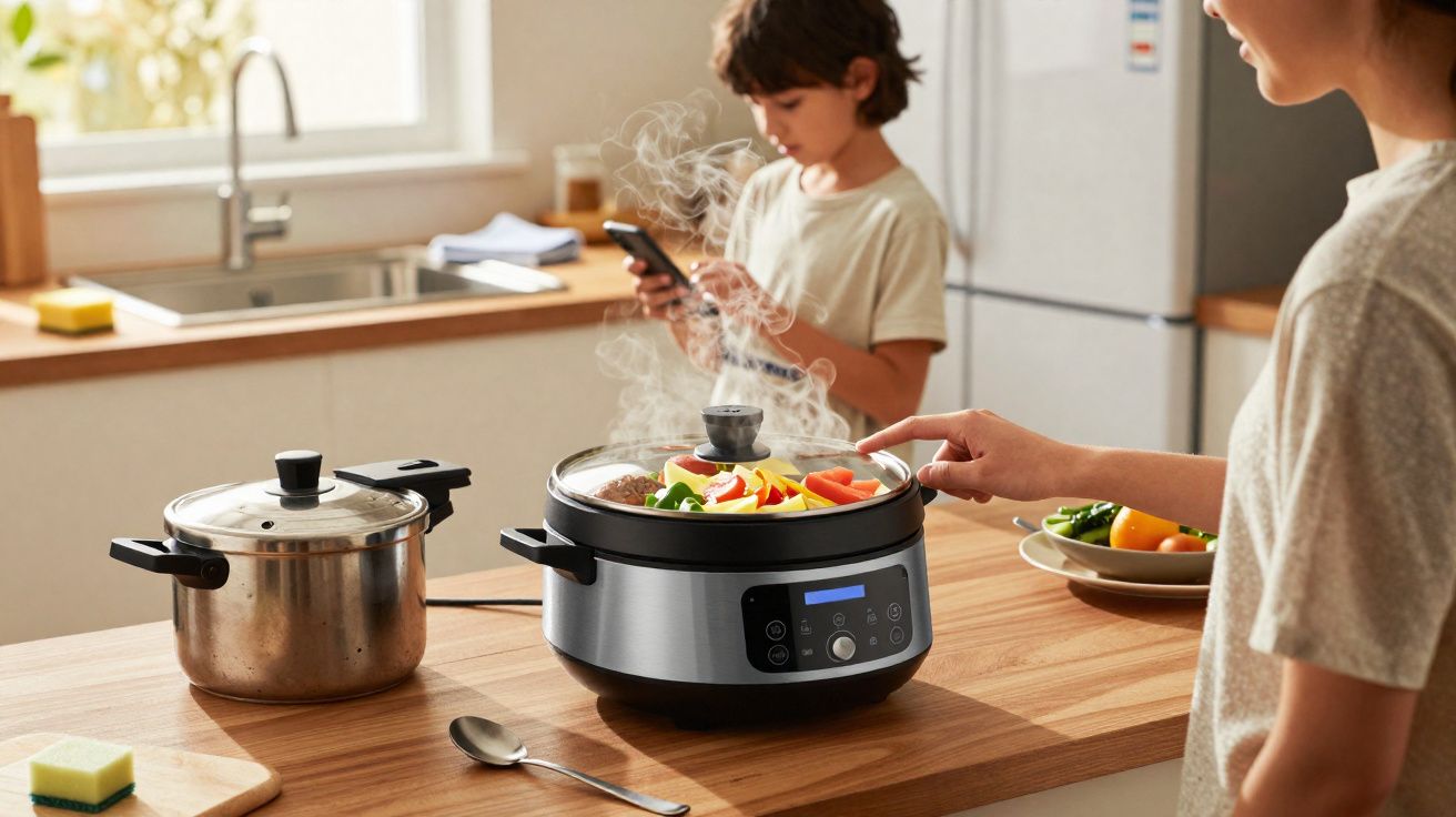 Child using slow cooker with steaming vegetables on kitchen counter while another child checks a phone.