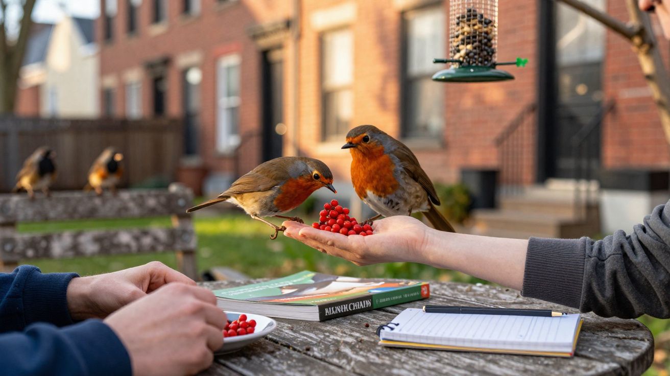 Two robins eating red berries from a person's hand at a wooden picnic table with books and a notepad nearby.