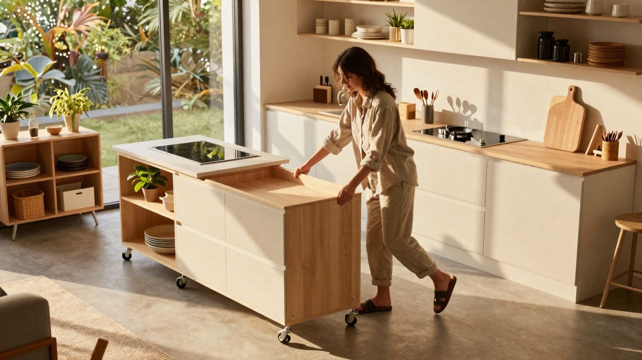 Woman moving a wooden kitchen island with wheels in a sunlit modern kitchen.