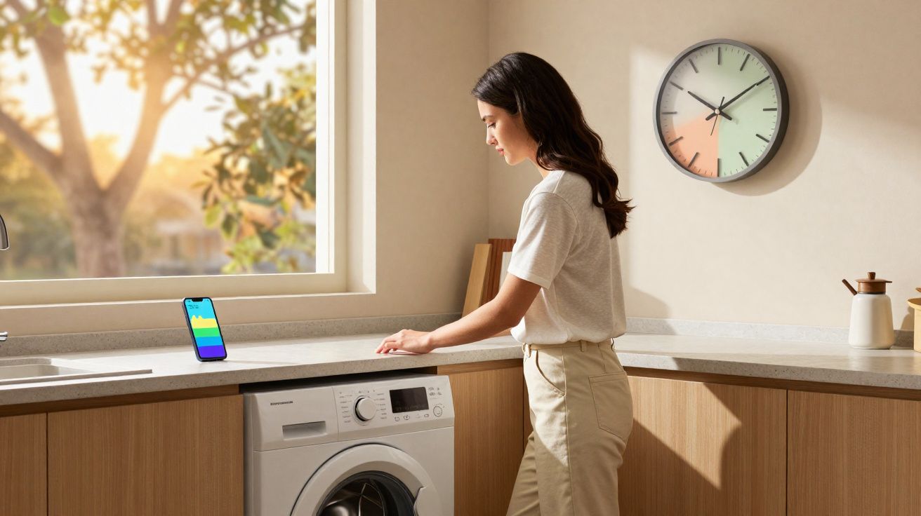 Woman standing by washing machine in bright kitchen with smartphone on counter and wall clock at 9:10.