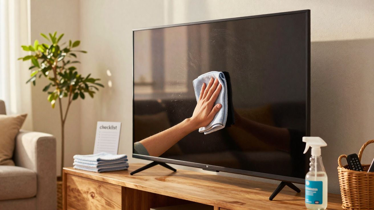 Hand wiping flat-screen TV with a cloth on a wooden media console in a bright living room.