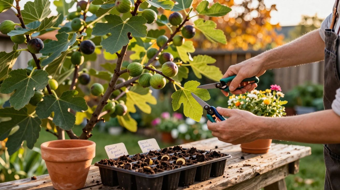 Hands pruning a fig tree branch with garden shears beside seed trays on a wooden table outdoors at sunset.