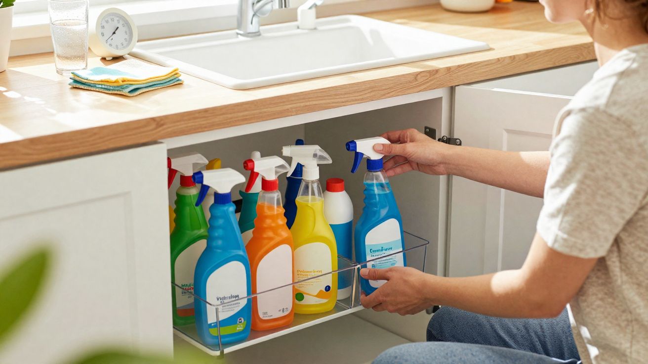 Person organising various cleaning spray bottles under kitchen sink cupboard with wooden countertop and white cabinets