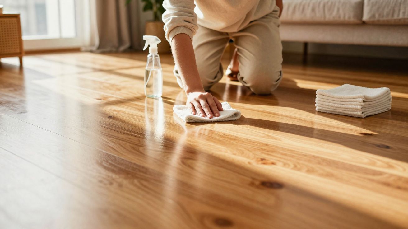 Person kneeling on wooden floor wiping it with a cloth next to a spray bottle and folded towels in sunlight.