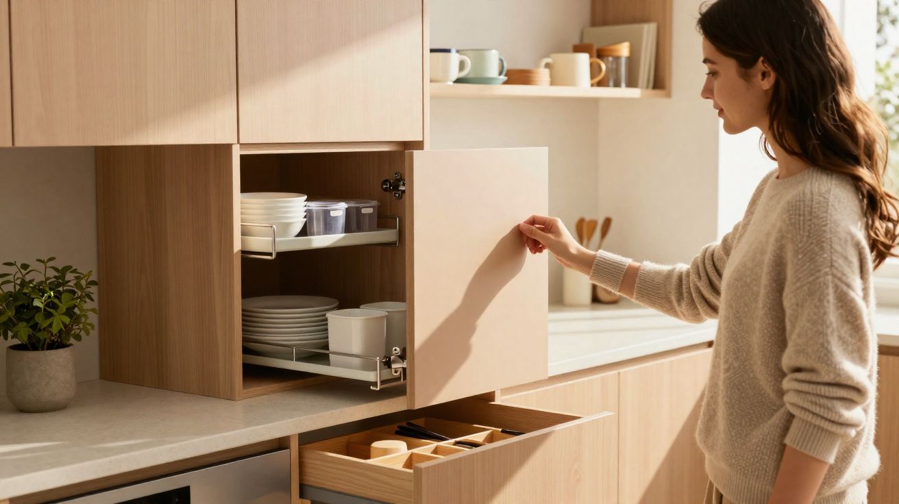 Woman opening a wooden kitchen cabinet with plates and bowls inside, standing next to an open drawer with utensils.