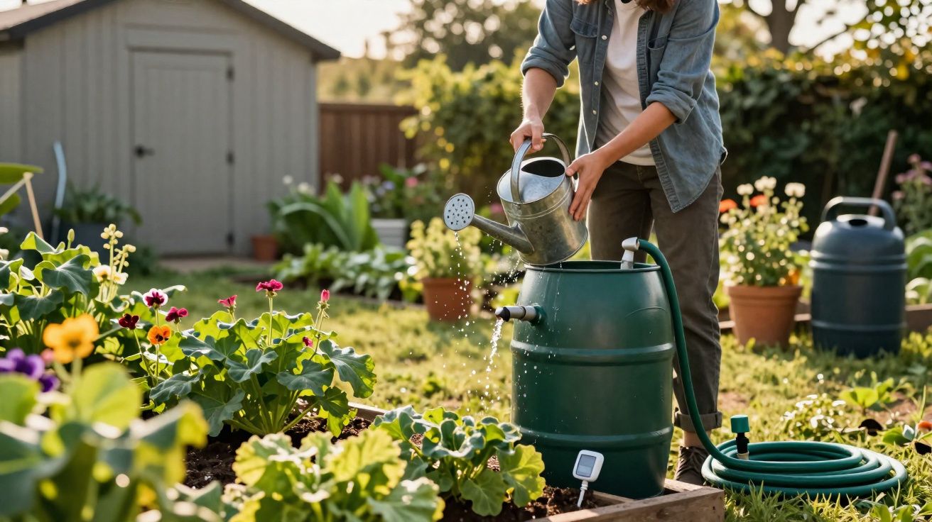 Person pouring water from a metal watering can into a green rain barrel in a garden with flowers.