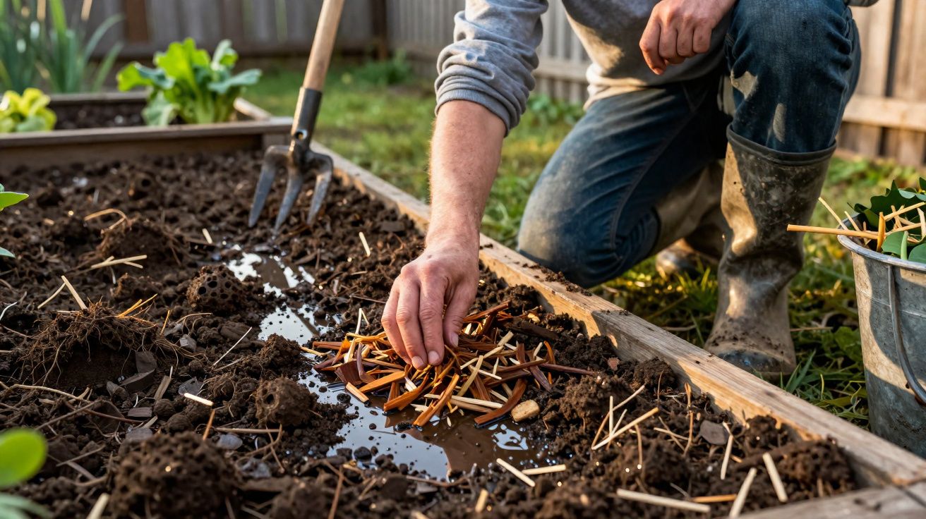 Person kneeling beside a raised garden bed planting cinnamon sticks into wet soil with gardening fork nearby.