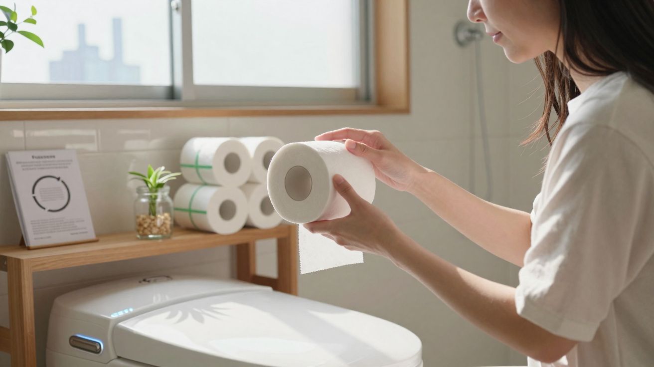 Person holding a roll of toilet paper in a bright bathroom with extra rolls on a wooden shelf.