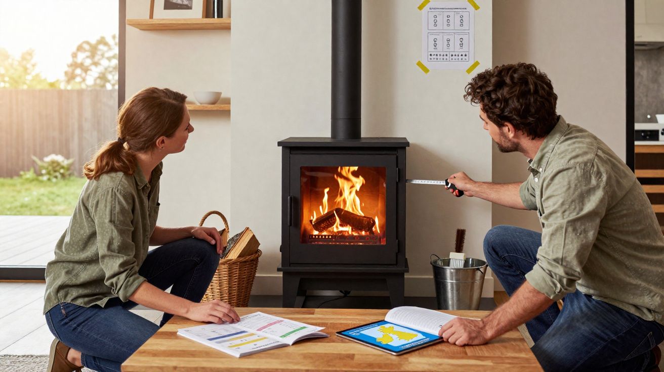Couple measuring a wood-burning stove with fire inside, surrounded by books and a tablet on a wooden table.