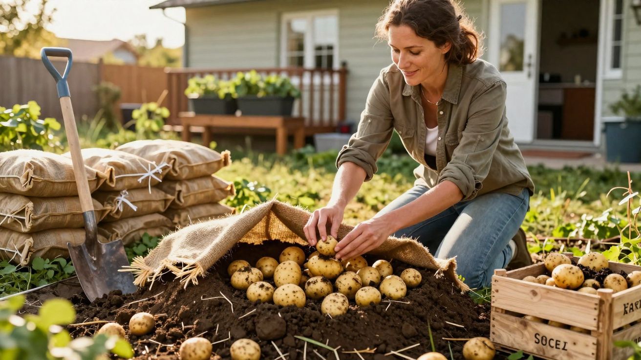 Woman harvesting freshly dug potatoes from soil in a garden next to a wooden crate and bags of soil.