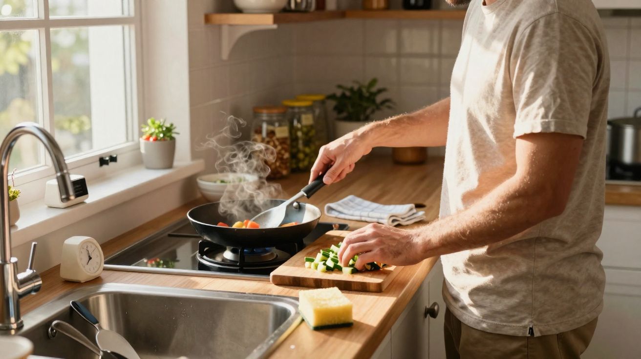 Person cooking vegetables in a pan and chopping zucchini in a bright kitchen with natural light.