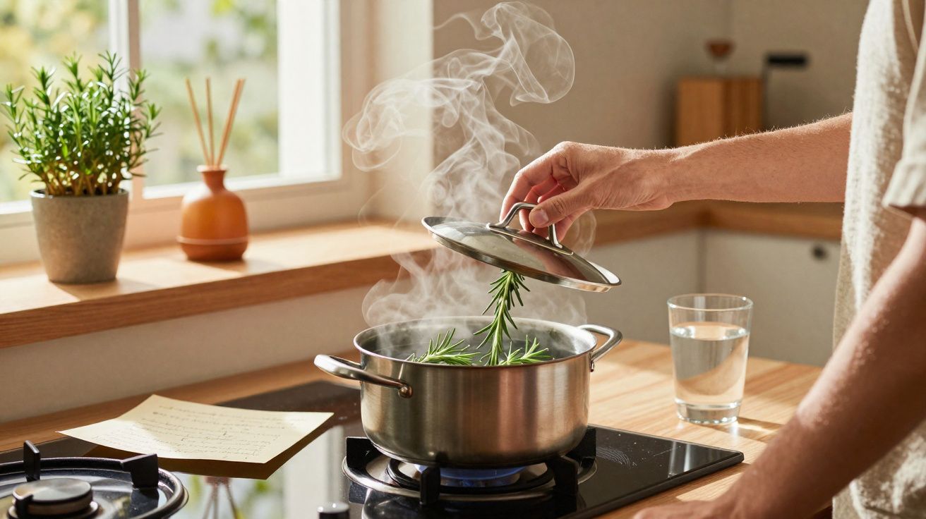 Hand lifting lid off steaming pot with rosemary on a gas stove in a bright kitchen.