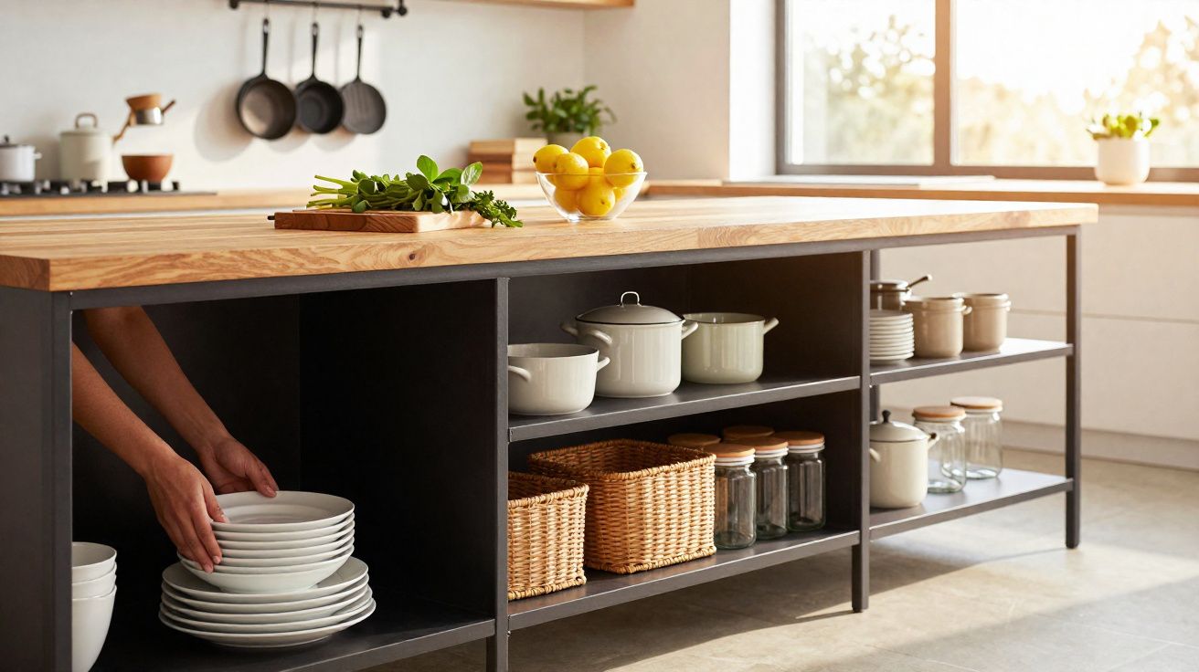 Modern kitchen island with wooden countertop, storage shelves holding pots, baskets, jars, and a person placing plates.