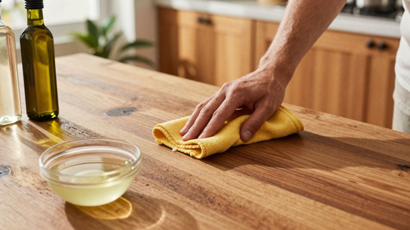 Hand wiping a wooden kitchen countertop with a yellow cloth beside a glass bowl and bottles of oil.