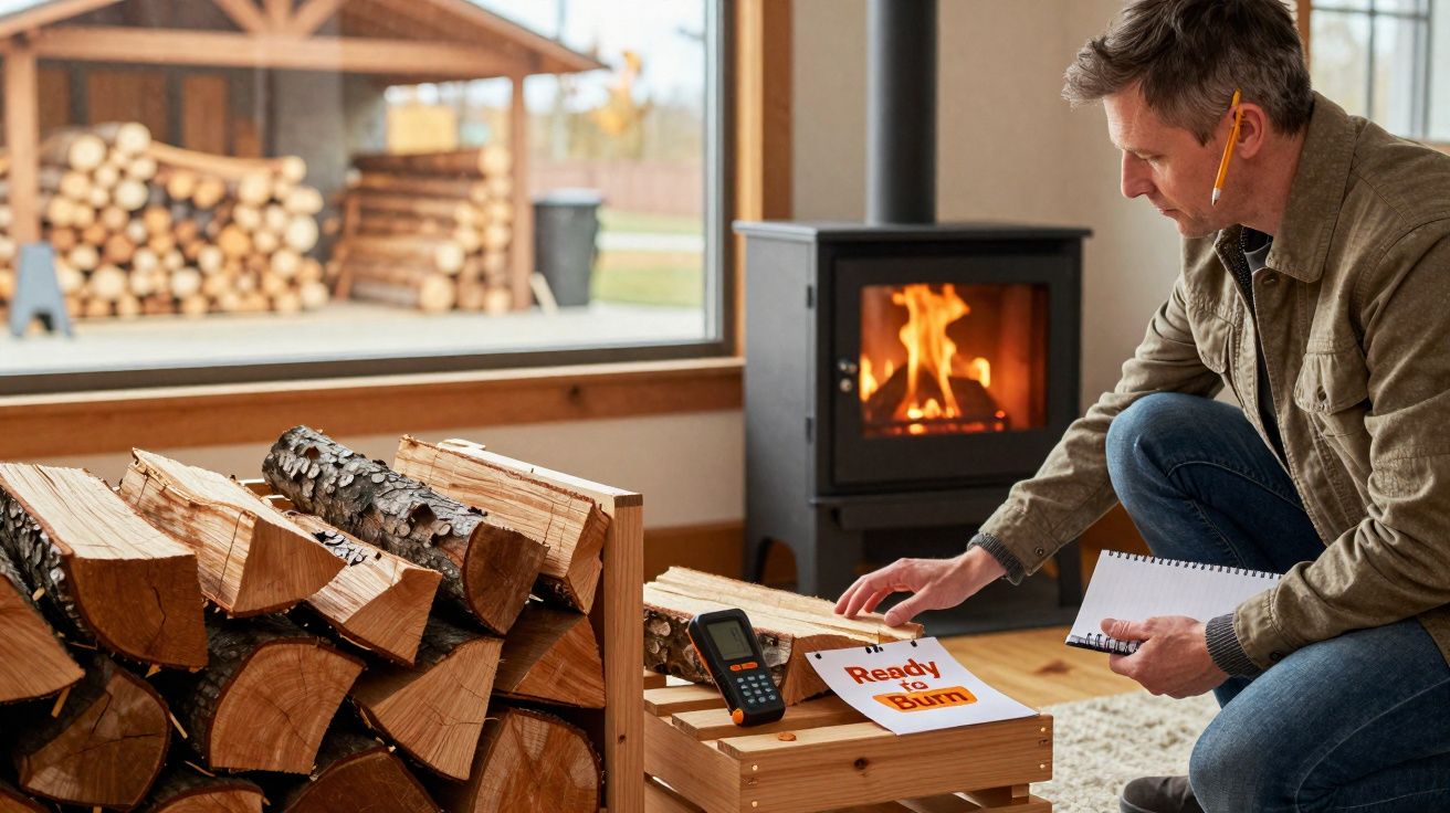 Man kneeling by a wood-burning stove with firewood and a sign reading "Ready to Burn" inside a cosy room