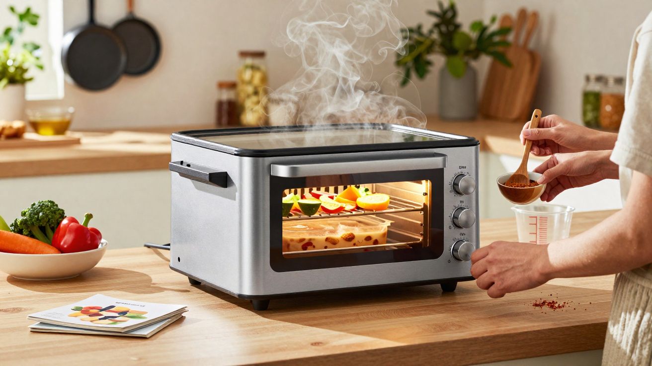 Compact silver toaster oven steaming on wooden kitchen counter with vegetables inside and person seasoning food.