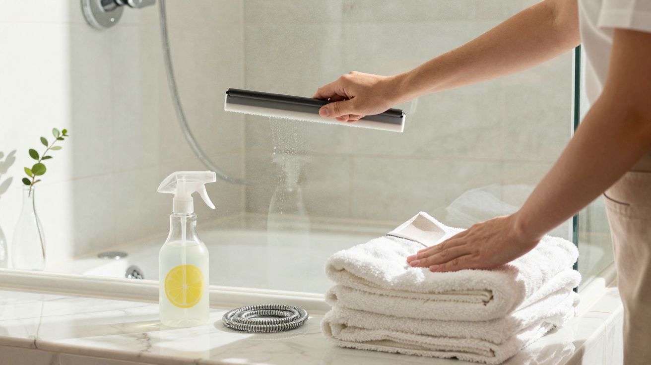 Person spraying cleaning solution on a glass shower door next to folded white towels and a lemon-scented spray bottle.