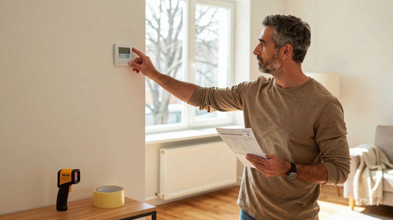 Man adjusting a thermostat while holding an energy bill in a bright, modern living room.