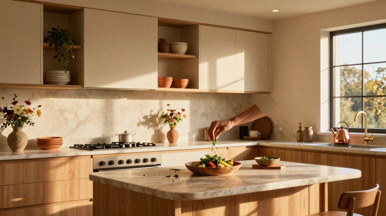 Modern kitchen with wooden cabinets, marble countertops, and a hand garnishing a salad bowl on the island.