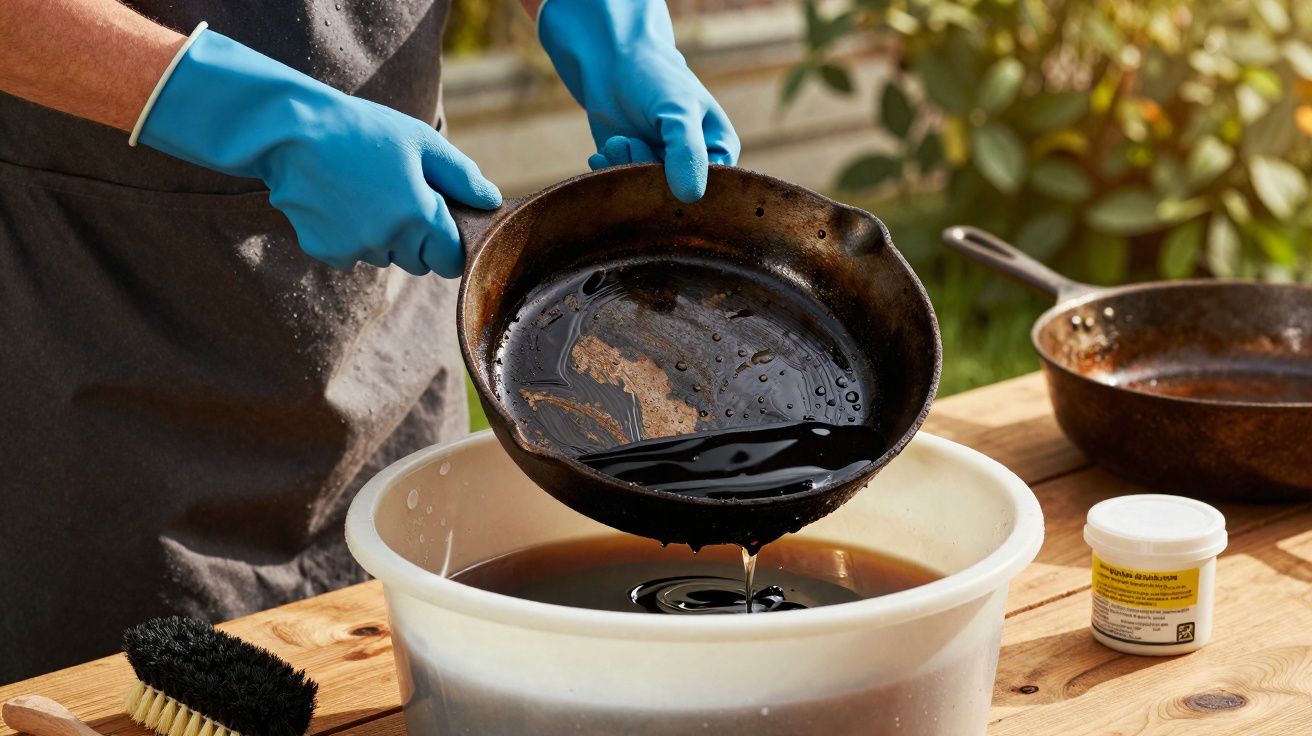 Person wearing blue gloves pouring liquid from a cast iron pan into a white plastic basin outdoors.