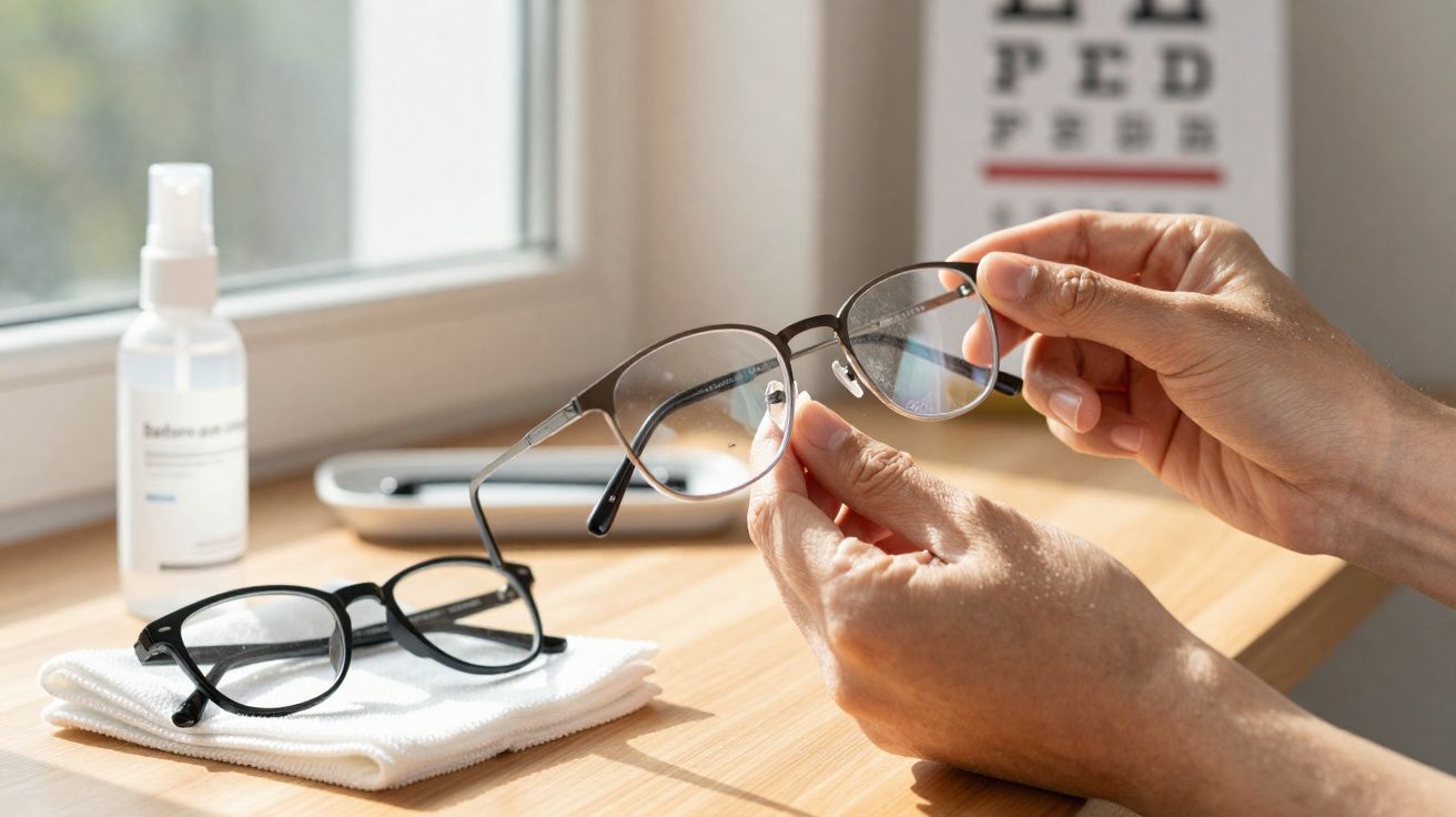 Hands holding a pair of glasses with another pair, cleaning cloth, and spray bottle on wooden surface near window.