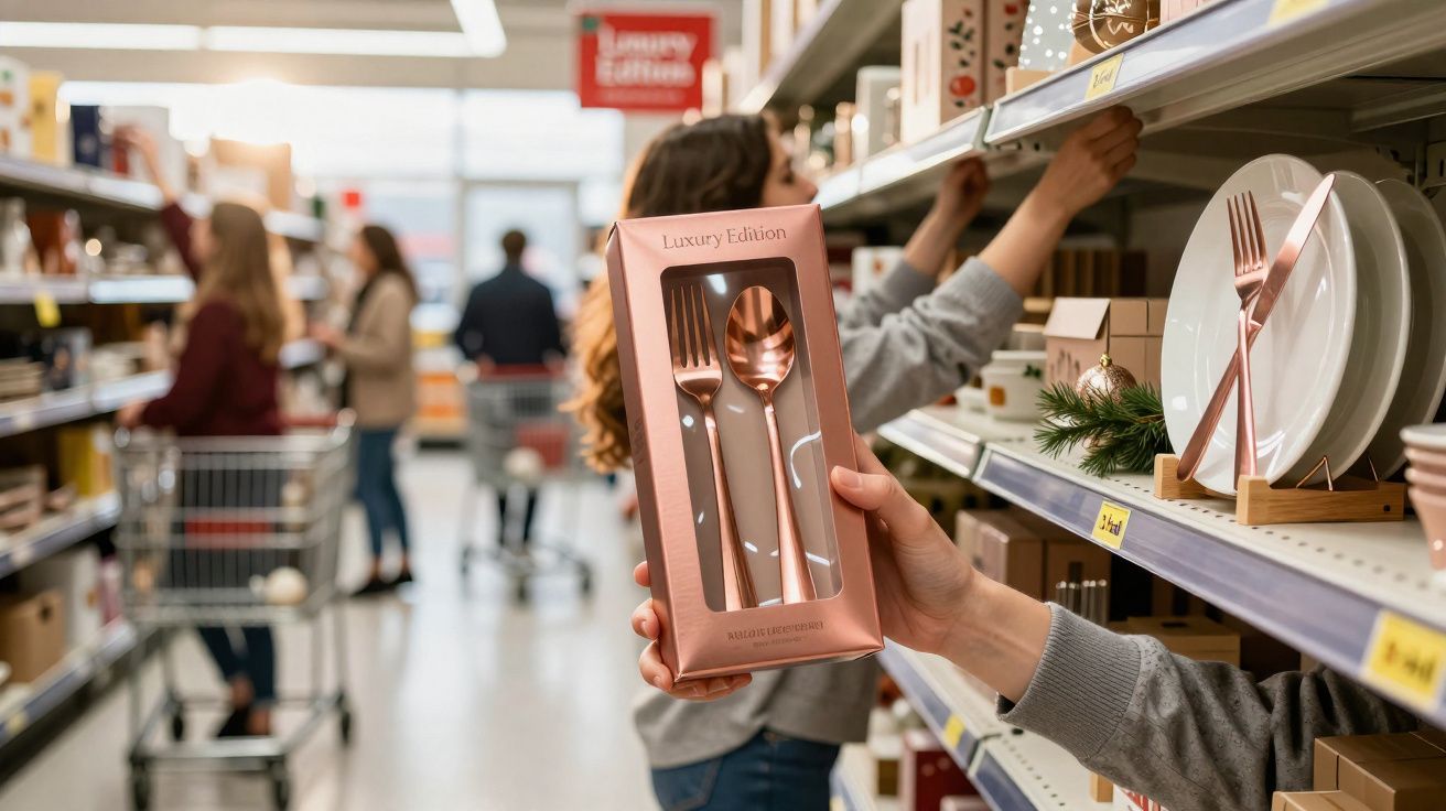 Hand holding a boxed luxury edition fork and spoon set in a store aisle with shoppers and kitchenware.