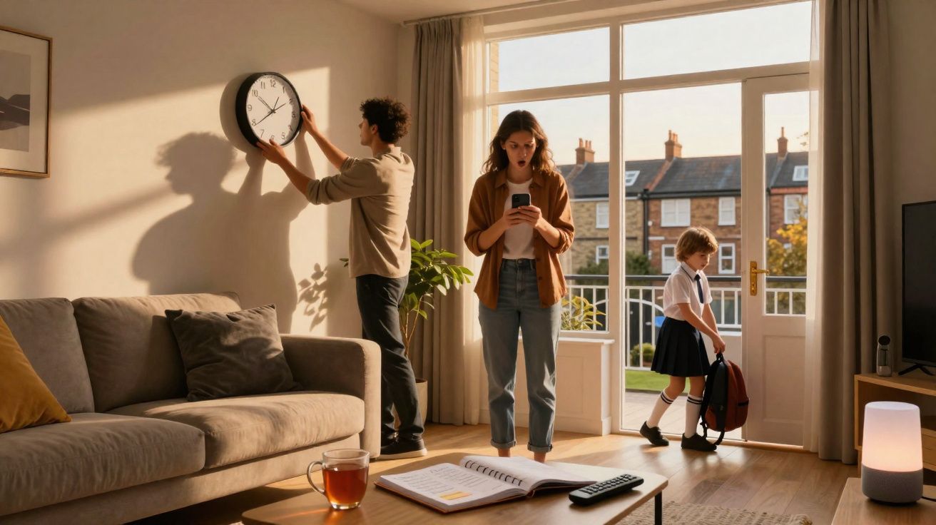 Man adjusting clock on wall, woman surprised by phone, and child in school uniform leaving house at sunset.