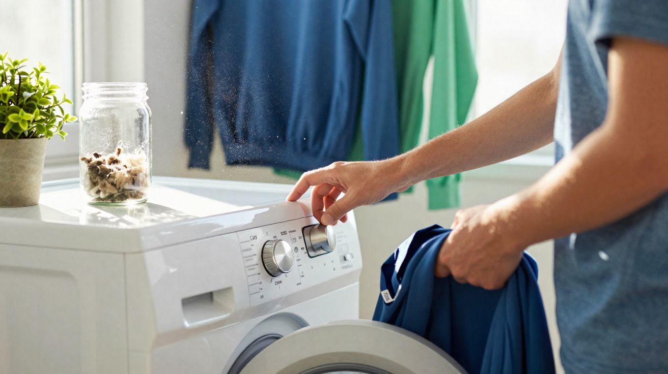Person adjusting settings on a front-loading washing machine while loading blue clothes in a bright laundry room.