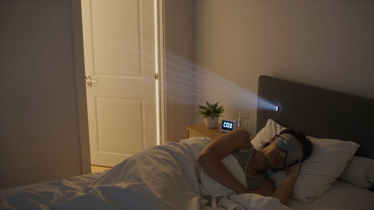 Person wearing a sleep mask lying in bed with a device by the bedside projecting light onto the wall.