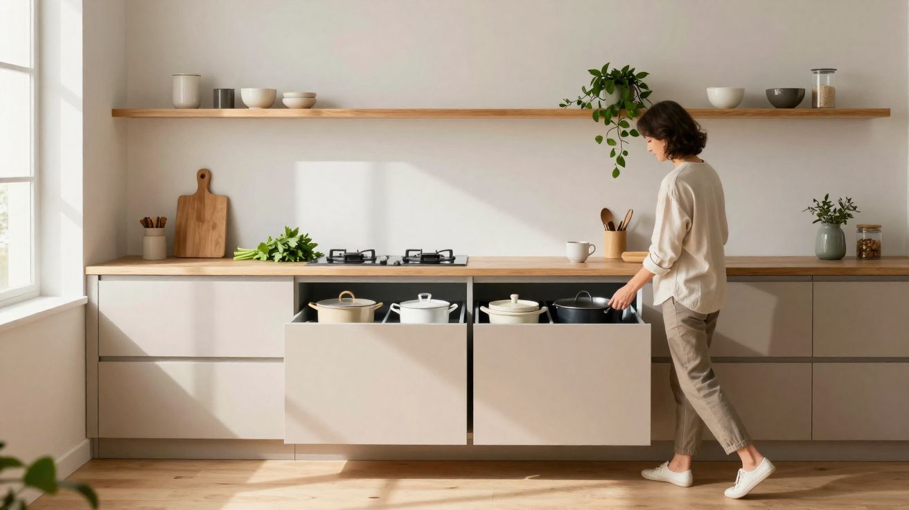 Woman organising pots in open kitchen drawers in a bright, minimalist kitchen with wooden accents and potted plants.