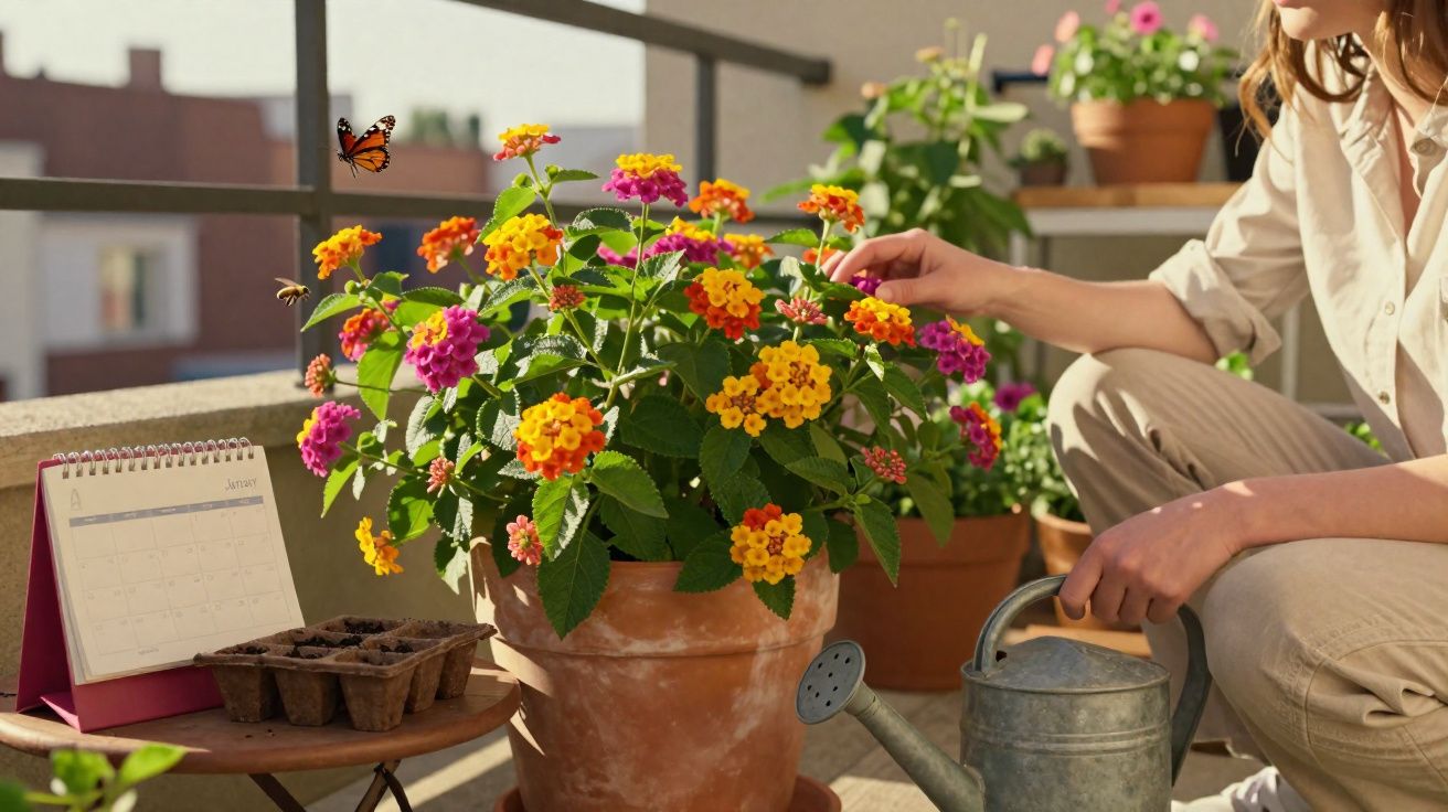 Person watering and tending colourful flowers on a balcony with a butterfly nearby on a sunny day.