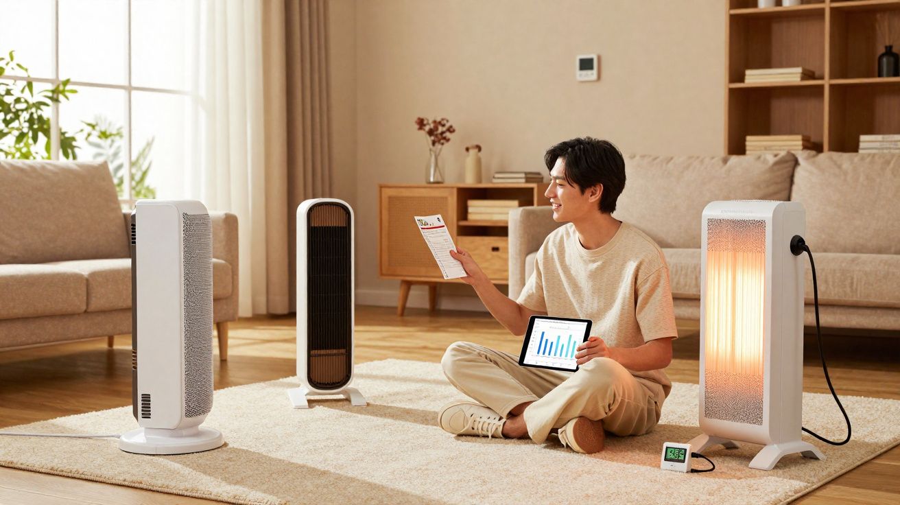 Man sitting on beige carpet in living room testing electric heaters with tablet and paper in hand