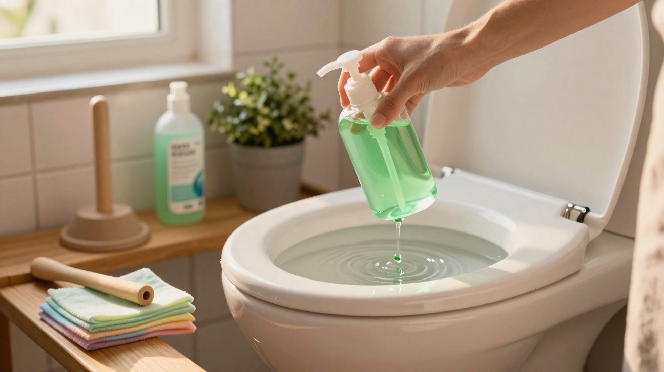 Hand pouring green cleaning liquid from a bottle into a toilet bowl in a bright bathroom.