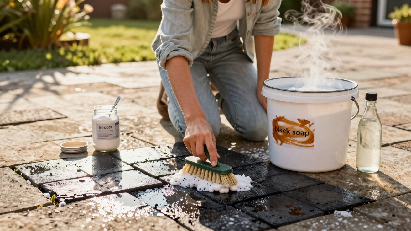Person scrubbing outdoor black tiles with brush, soap suds, and steaming bucket labeled black soap on stone patio.
