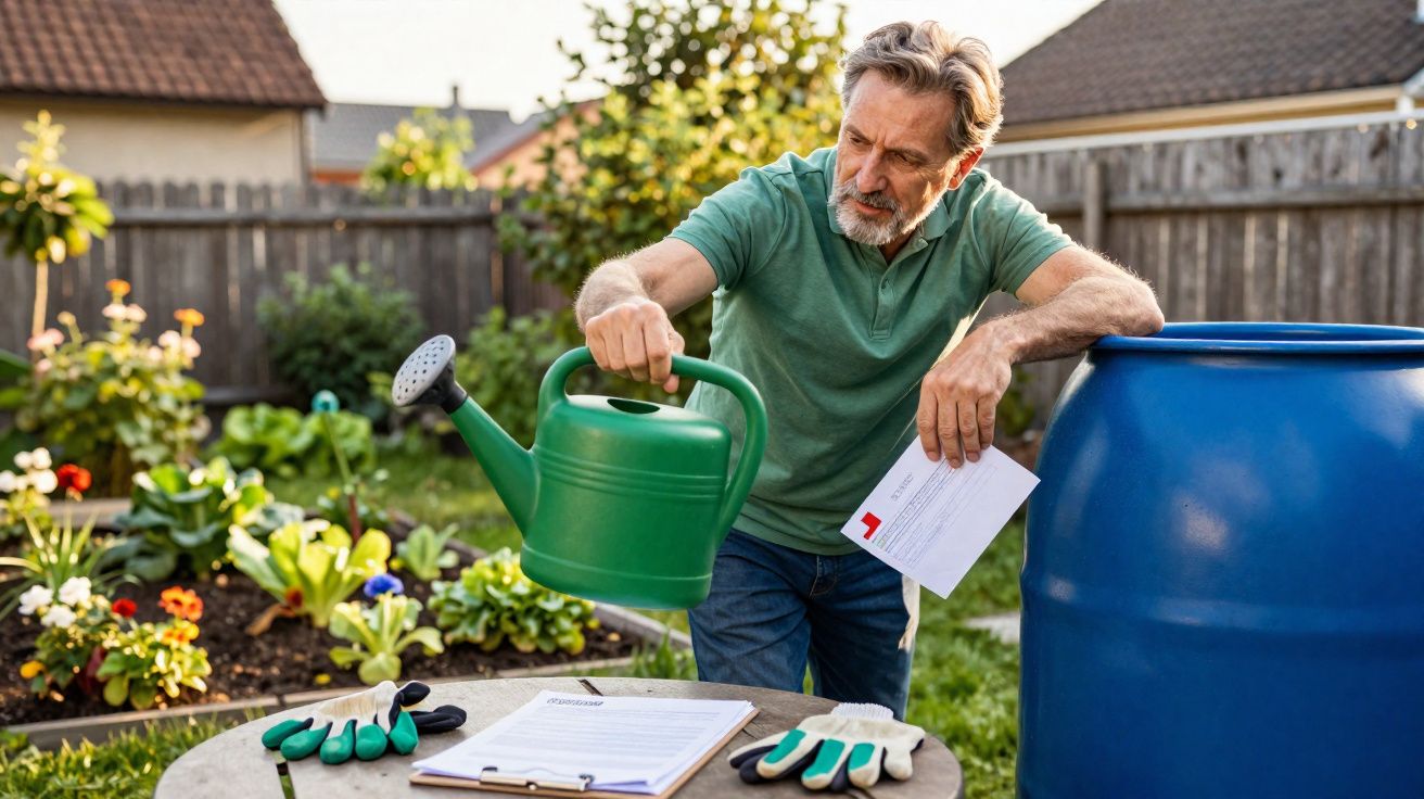 Mature man watering plants in garden while holding a letter, gardening gloves and tools on table nearby.