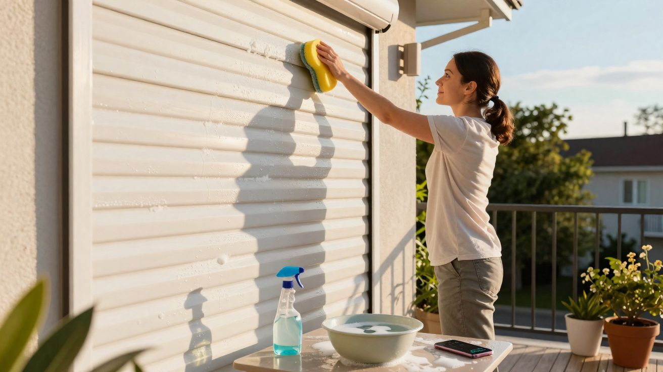 Woman cleaning outdoor shutters with sponge on sunny balcony with plants and cleaning supplies nearby.