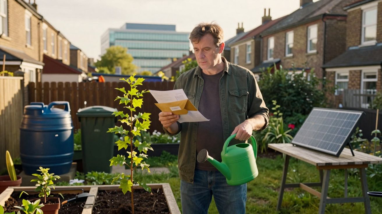 Man reading a letter while holding a green watering can in an urban garden with solar panels and rain barrels.