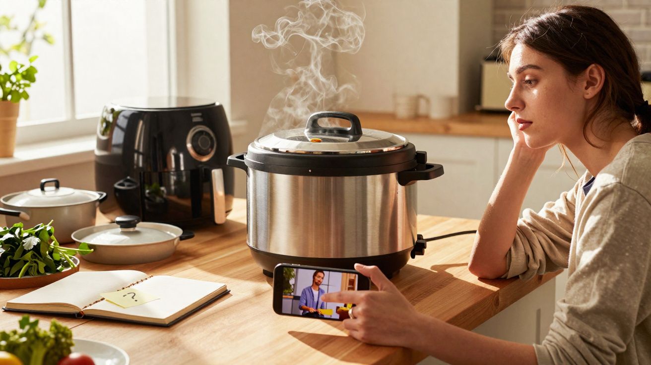 Woman in kitchen watching recipe on phone while waiting for food to cook in steaming pressure cooker.