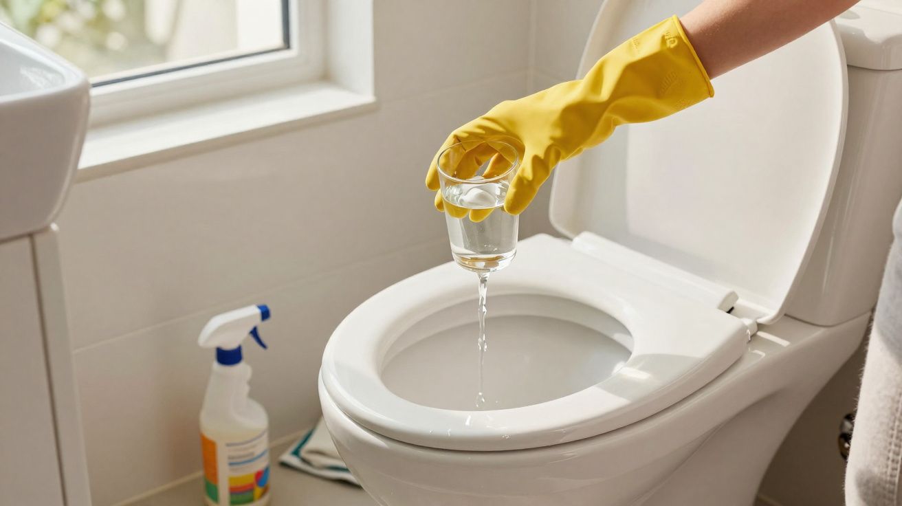 Hand in yellow glove pouring water from glass into open white toilet bowl in bright bathroom.