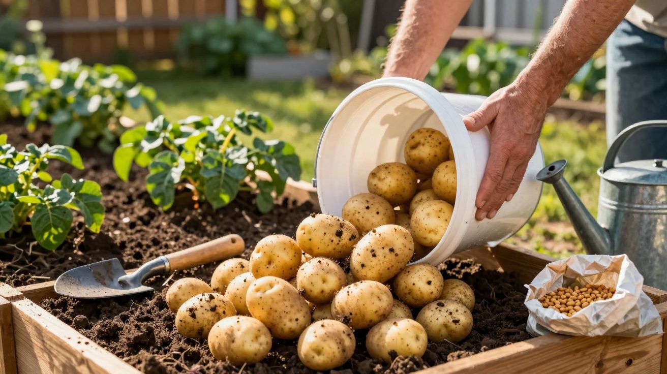 Hands pouring freshly harvested potatoes from a white bucket into a garden bed with soil and plants.