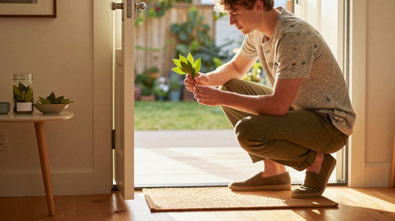 Young man crouching by an open door holding a small plant branch in a sunlit room with wooden flooring.
