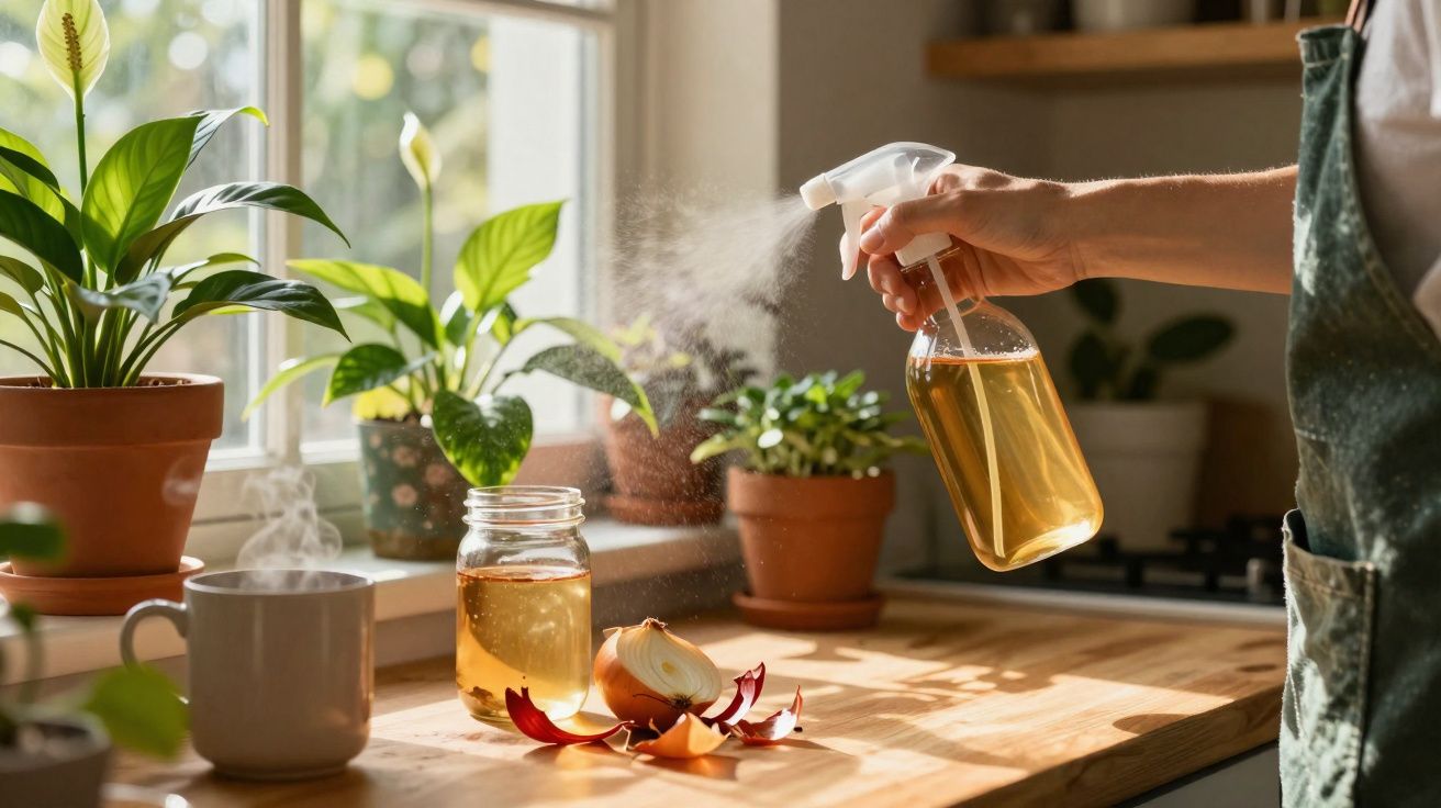 Hand spraying liquid from a bottle onto houseplants on a sunlit wooden kitchen countertop.
