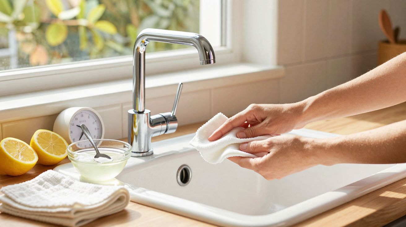 Hands cleaning a white kitchen sink with a cloth next to lemon halves, a timer, and a bowl of water.