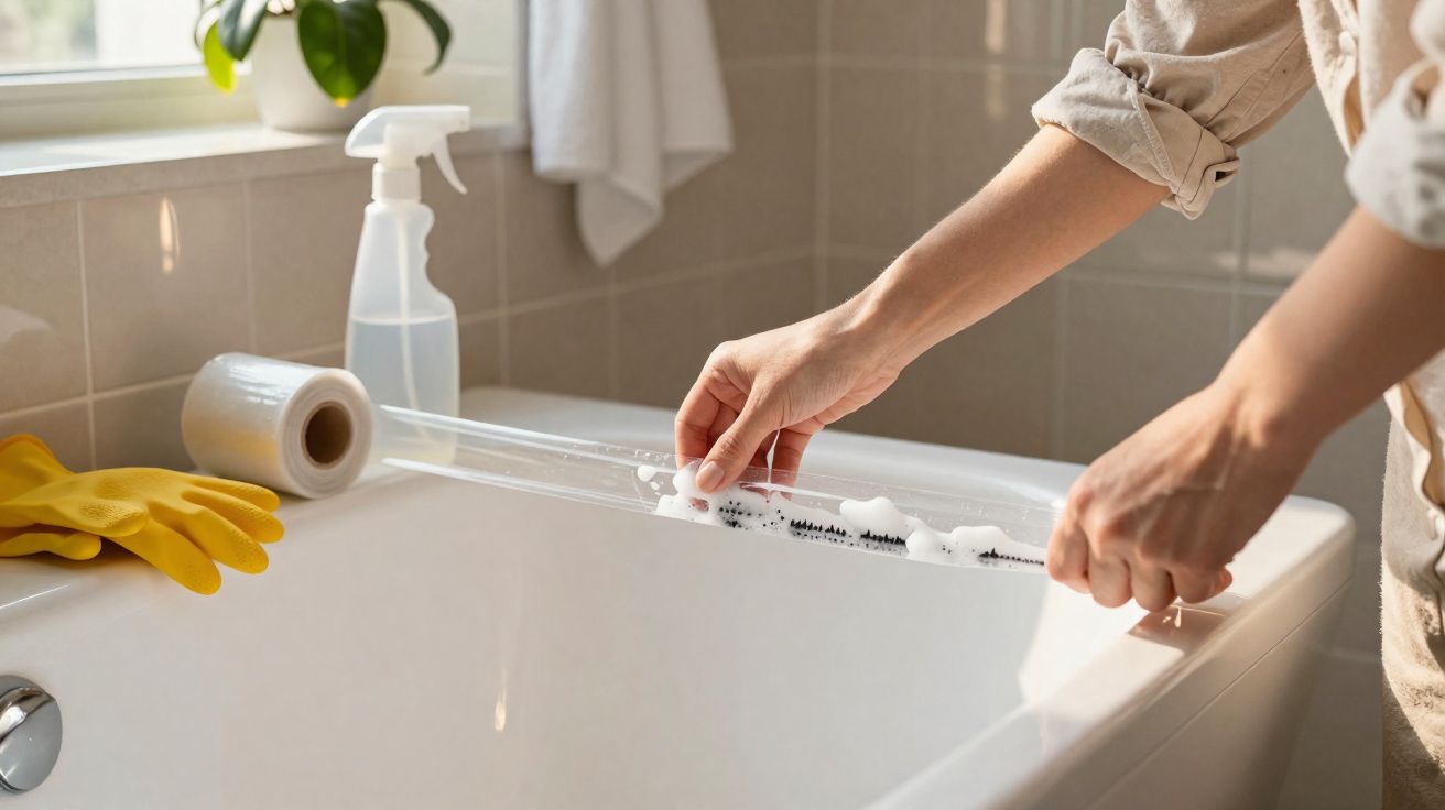 Person cleaning a bathtub edge with a sponge and soap suds in a bright bathroom.