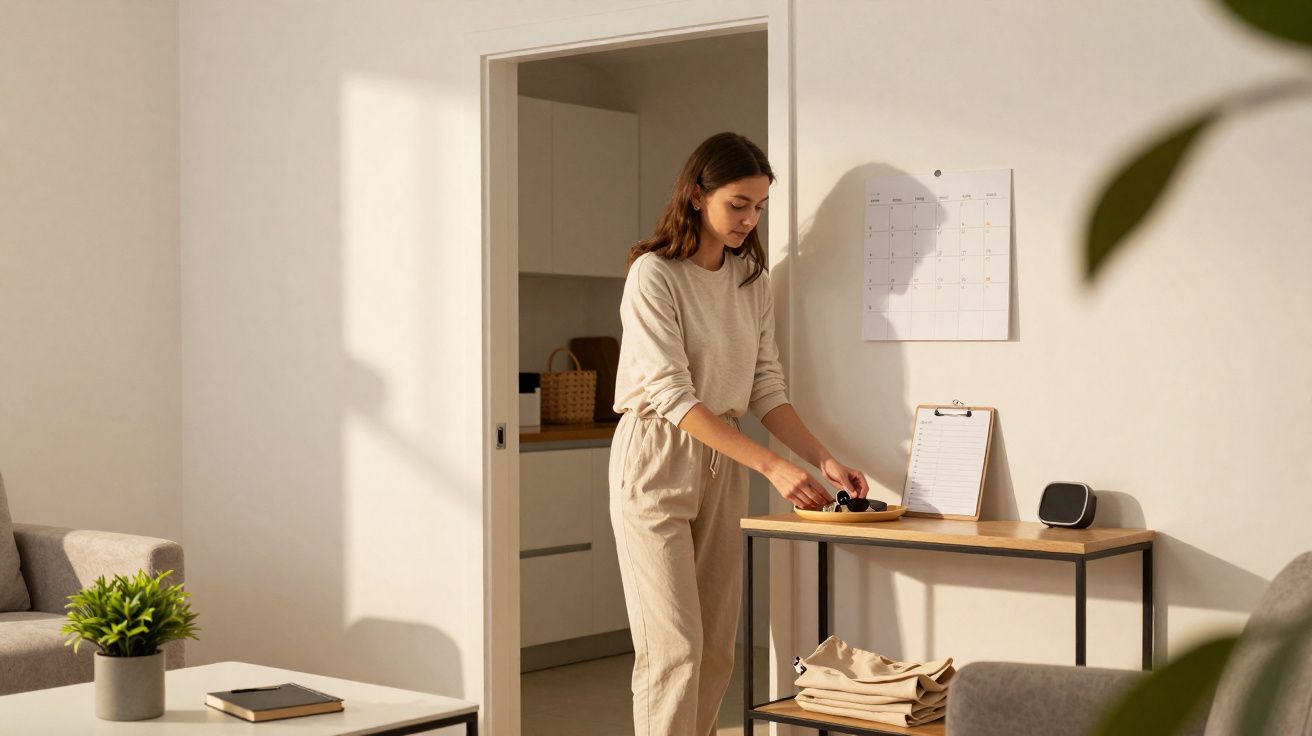 Woman in beige outfit placing eyeglasses on a wooden table in a sunlit living room with a calendar on the wall.