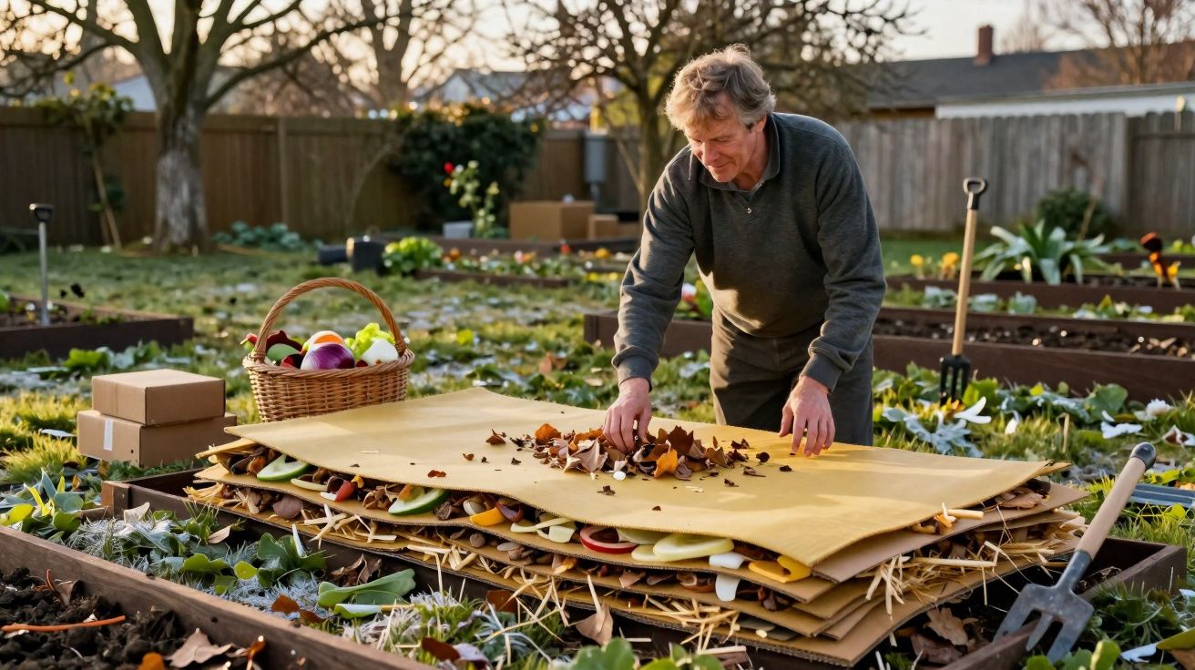 Man layering cardboard, leaves, and fruit in a garden bed for sheet mulching on a sunny day.