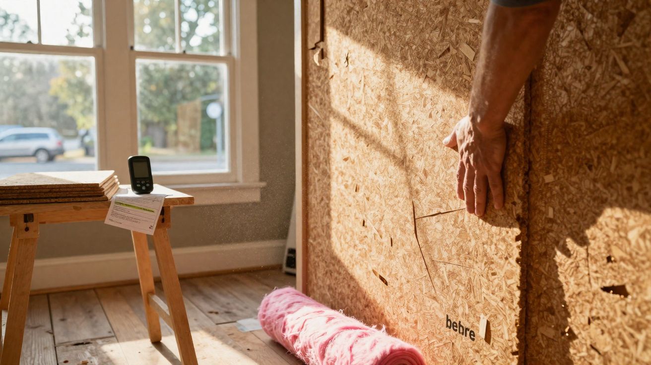 Person installing wood panel with a pink insulation roll and window in a sunlit room.