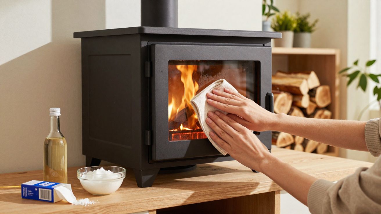 Hands cleaning a glass door of a black wood-burning stove with fire inside on a wooden surface.