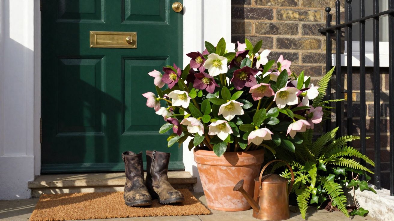 A green door with a doormat, dirty boots, a large pot of hellebore flowers, a watering can, and ferns on a doorstep.